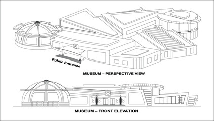Fototapeta premium Museum building perspective and front elevation showcasing detailed exterior façade, presented as clean architectural line art vector isolated on a white background in EPS 10 format