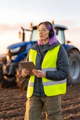 Fototapeta premium Technician observes autonomous farming equipment while working in a field