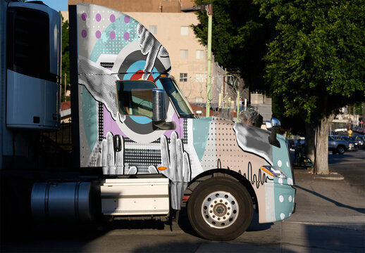 Mockup of Truck cab Parked on Street in Los Angeles
