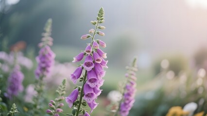 Obraz premium Vibrant purple foxglove flowers gracefully blooming in a serene garden, bathed in soft morning light, creating a tranquil and picturesque natural scene