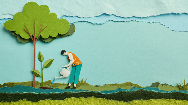 Person watering a young sapling in a colorful paper collage scene  