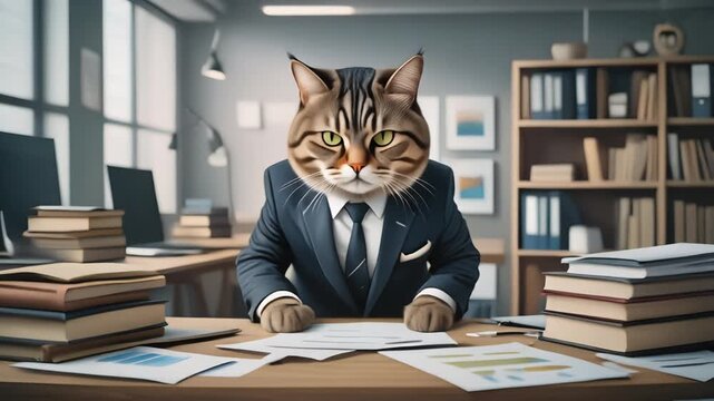 Business Cat Working at Office Desk.