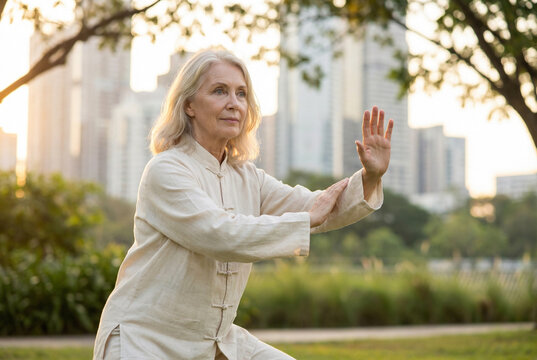 Senior woman practicing Tai Chi outdoors in urban park