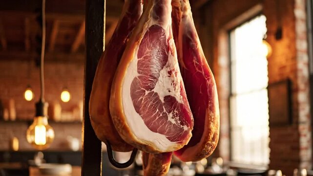 Close up view of cured ham legs hanging in a restaurant interior with warm lighting and brick walls