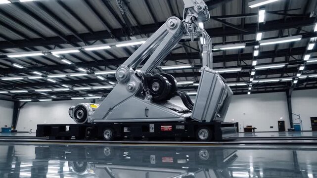 Large hydraulic test rig performing motion test on articulated arm platform inside testing facility, glossy floor reflections and overhead lighting during prototype endurance and performance