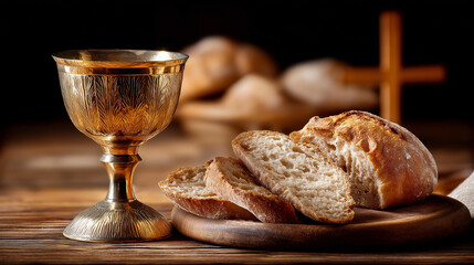 Maundy Thursday symbolism with a cross, chalice, and bread representing the Last Supper and Christian faith concept, defocused background, with copy space