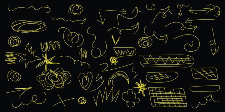 Yellow neon glowing scribbles and doodles on a dark background with various shapes and lines