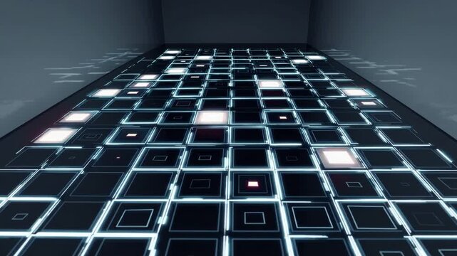 Futuristic glowing grid floor with pulsing nodes and dark corridor perspective, ai node activation sends illuminated tiles across reflective surface, camera dolly reveals depth and vanishing point,