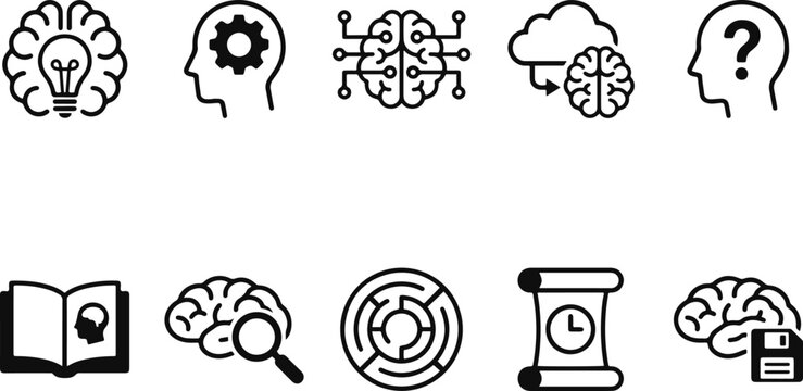 Collection of black and white icons related to brain and mind