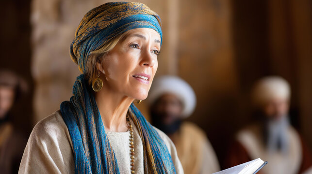 Deborah the Prophetess speaking to the people during a time of conflict in the Old Testament era, biblical historical scene concept, defocused background, with copy space
