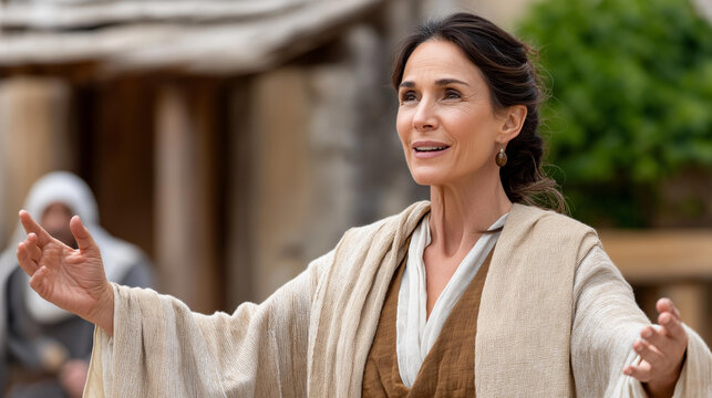 Deborah the Prophetess speaking to the people during a time of conflict in the Old Testament era, biblical historical scene concept, defocused background, with copy space