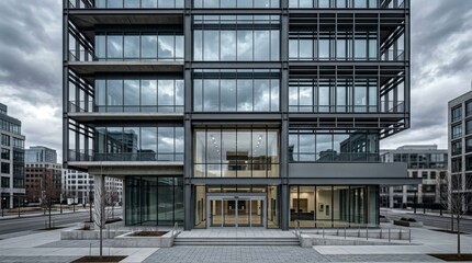 Obraz premium Modern Glass and Steel Building Exterior with Reflective Windows.