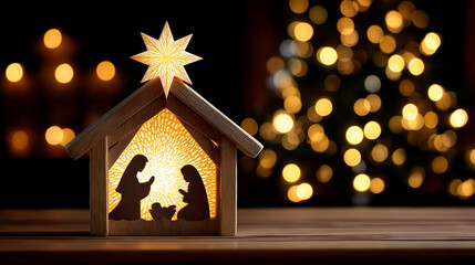 Fototapeta premium Christmas nativity scene silhouettes of Mary, Joseph, and baby Jesus under a rustic stable with a radiant star, Christian holiday concept, defocused background, with copy space