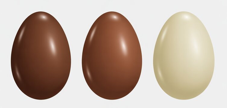 Three glossy chocolate eggs on white background easter egg