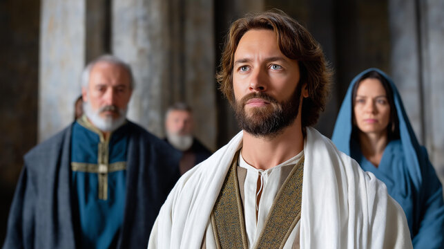 Jesus Christ standing before High Priest Caiaphas in a religious scene depicting the biblical trial, historical drama and Christianity concept, defocused background, with copy