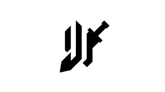 Black geometric design featuring two stylized vertical elements and a sword on a white background
