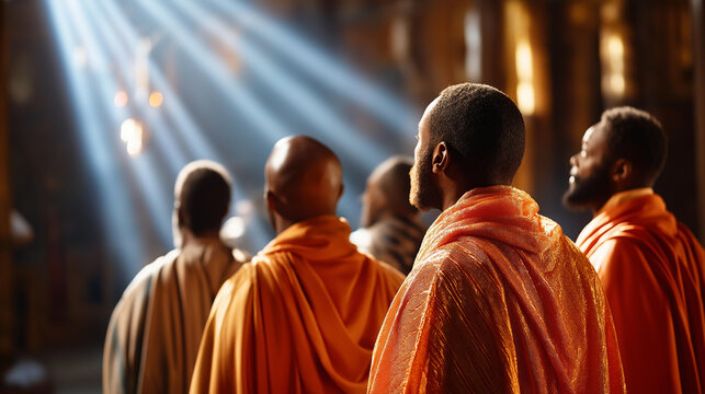 Group of men representing disciples standing in an ornate room as radiant light descends, Pentecost and Holy Spirit outpouring concept, defocused background, with copy space