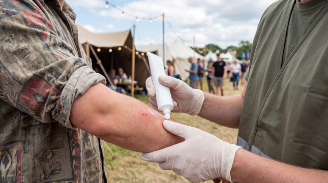 Medic applying soothing cream to red skin reaction outdoors