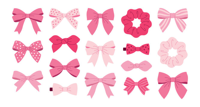 set of cute pink bows scrunchies and hair clips for fashion illustration