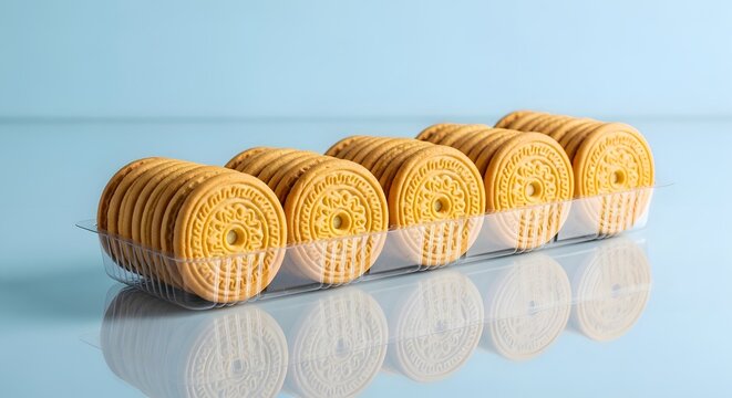 Stack of golden brown Marie biscuits in a transparent container. Minimalist composition on a blue and white surface. Ideal for morning snack, tea time, and sweet treat marketing materials