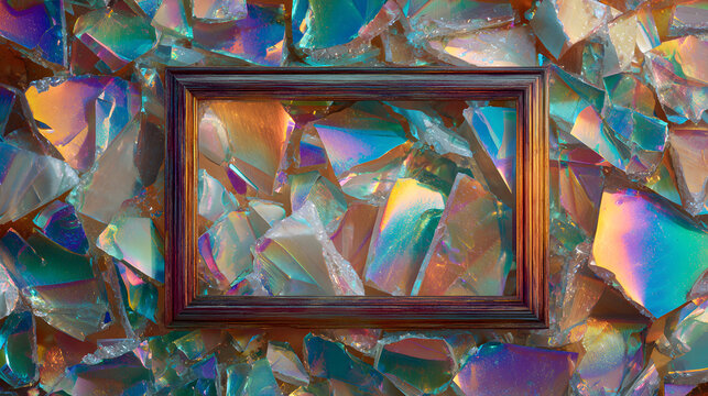 fondo de vidrios quebrados rotos en tonos coloridos iridiscentes vibrantes con un marco de madera con espacio de copia dise&ntilde;o moderno para tarjeta artistica 