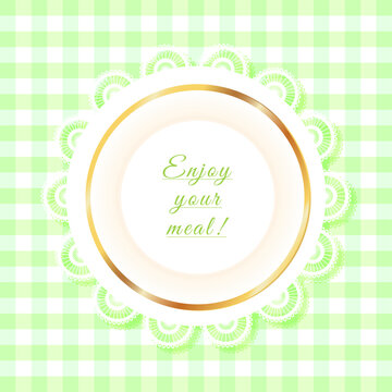 Enjoy your meal! White plate with a gold border on a white lace napkin on a green and white checke. Advertising a restaurant, cafe, or coffee shop. Healthy and eco-friendly food. Vintage-style banner