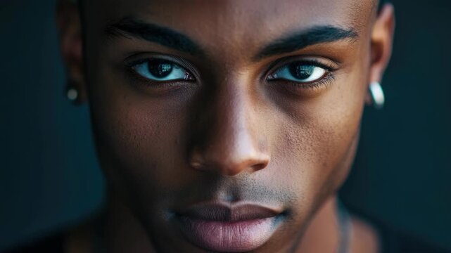 Portrait of a young man with piercings and intense gaze.