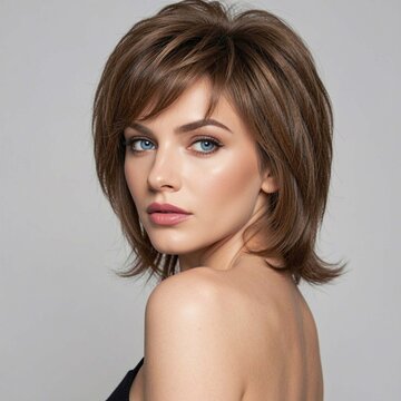 a gorgeous russian female model with blue eyes around 25 years old looking back at the camera with hair in a 80's mullet hairstyle that is cut short on the sides and long in the back