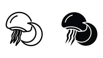 Contrasting depictions of a jellyfish in monochrome line art and solid black silhouette © Jahidul