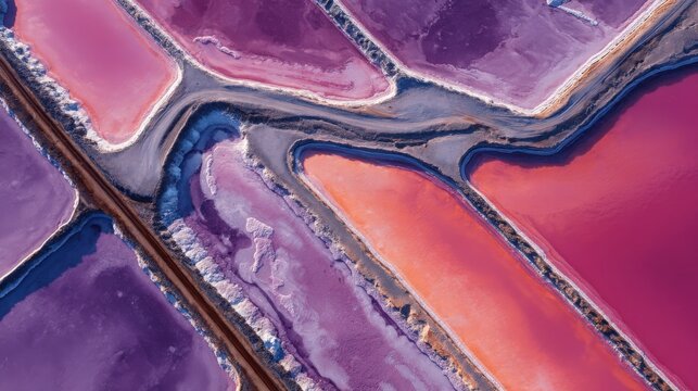 An aerial view displays colorful salt ponds with varying shades of pink and purple hues