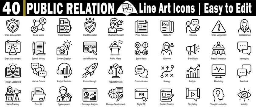 Public relations line icons. Featuring crisis management, social media brand reputation, influencer outreach media kit, interview and speech writing services, and vector illustration.