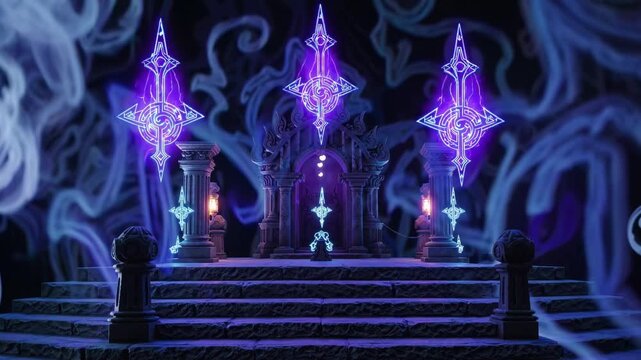 Mystical altar with purple sigils glowing, smoke filled sanctum with stone stairs, flickering candles and lanterns, ornate pillars framing floating luminescent