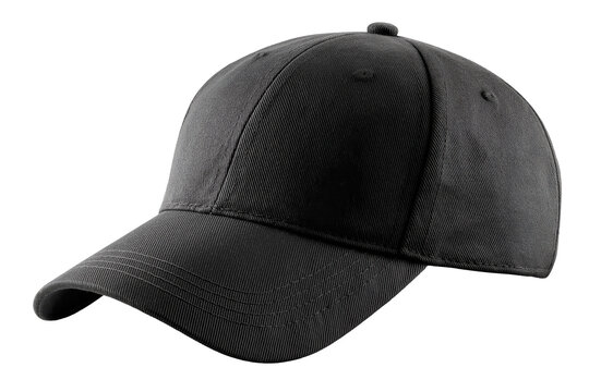 Black baseball cap featuring blank front panel with transparent background