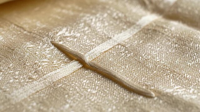 Close-up textured fabric weave, neutral beige tones, subtle cross-stitch detail, soft focus background, natural material