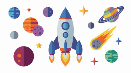 Flat design illustration of a space rocket with planets, stars, and comet © Siamart