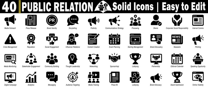 Public relations solid icons. Easy to edit for media outreach, brand identity, storytelling, internal communications, and vector illustration.