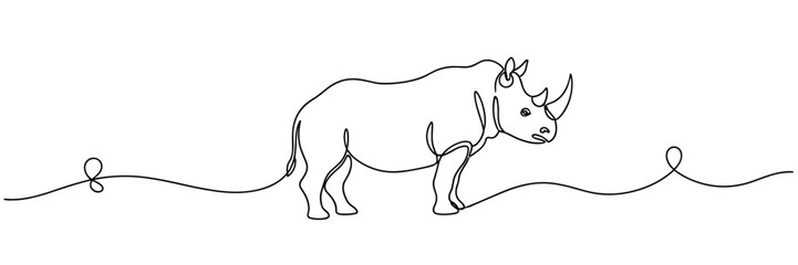 Fototapeta premium Rhinoceros standing along continuous line on white background, none editable strokes