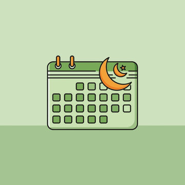 Islamic calendar illustration with crescent moon and star representing religious holidays and events.