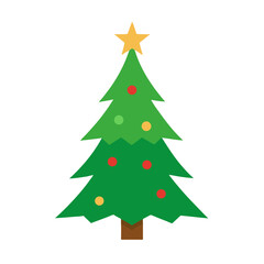 Fototapeta premium Green christmas tree with star and ornaments, isolated white background.