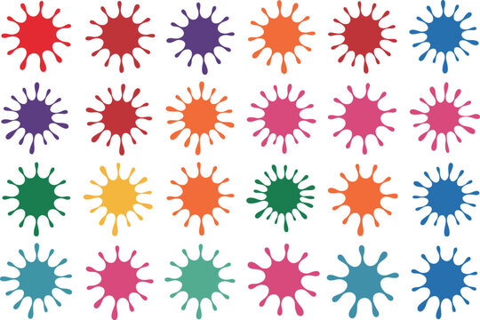 Colorful paint splatter collection various ink blot shapes isolated on grid transparent background.