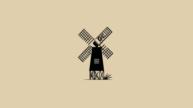 A windmill icon in black and white on a light brown background