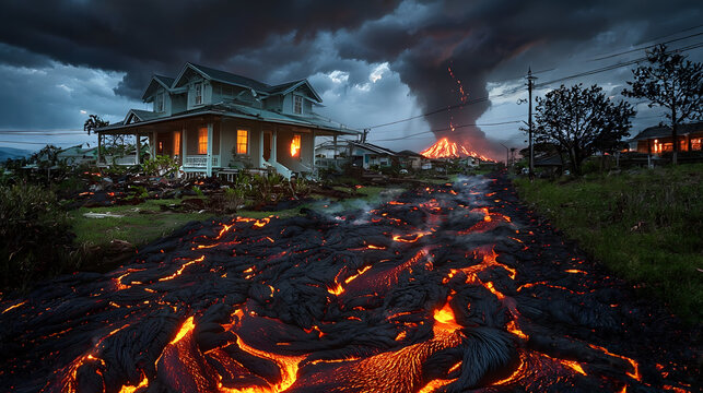 A family house engulfed by lava from a volcanic eruption, ash and dust covering the scene, under a dramatic sky capturing the intensity and chaos of a natural disaster.