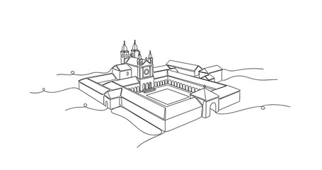 Fototapeta premium Monastery complex enclosed around central courtyard in line art. No editable stroke