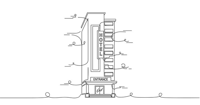 Hotel building sketched standing on street with entrance. No editable stroke
