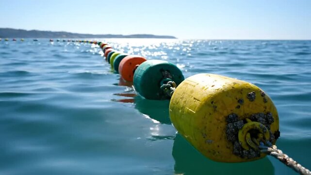 Low angle view of colorful buoys floating in calm blue ocean water on a sunny day with clear skies