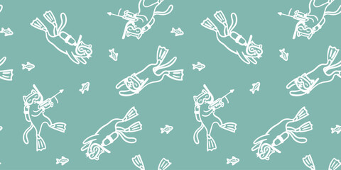 seamless pattern cat scuba diving with snorkeling gear and speargun underwater funny cute kitten line art background for textile and print © pani_Nadichka