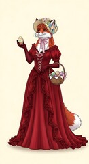 Fototapeta premium Vixen in red Dress with long hairs holding colorful egg Easter celebration