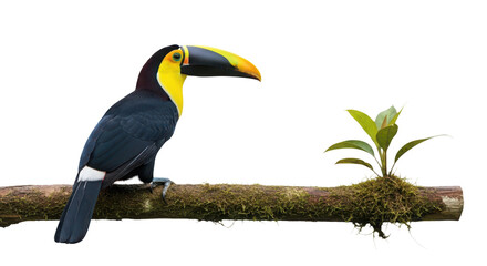 Naklejka premium A colorful toucan perched on a mossy branch with a small green plant on a pure transparent background