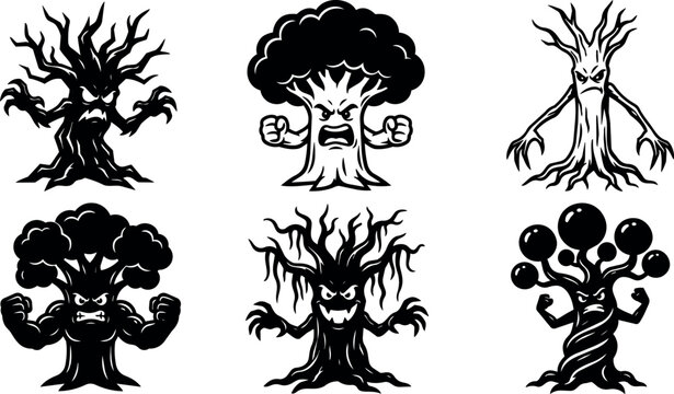 Angry black and white menacing tree and broccoli characters vector art