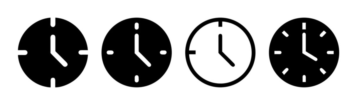 Minimalist clock icon set, black and white time symbols in vector format, simple watch face collection for interface design and scheduling apps